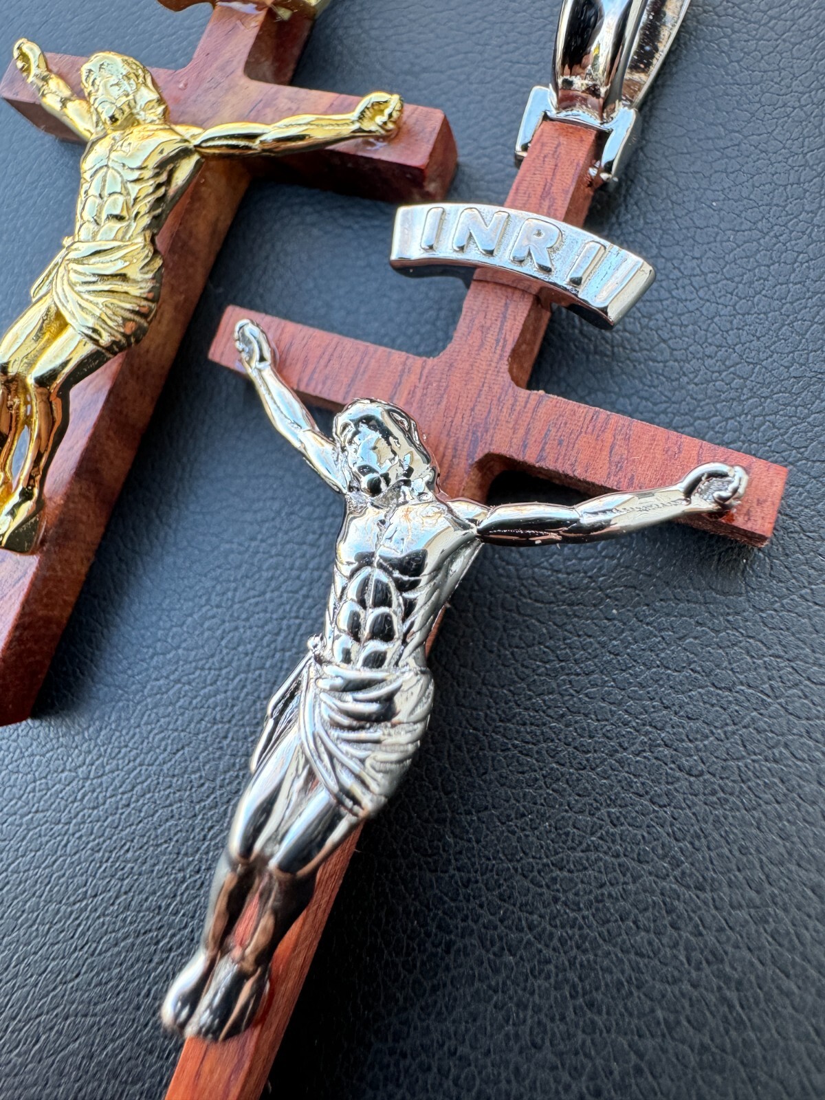 Mens Real 925 Silver & Red Cherry Walnut Wood Jesus On Cross Pendant Necklace 2″