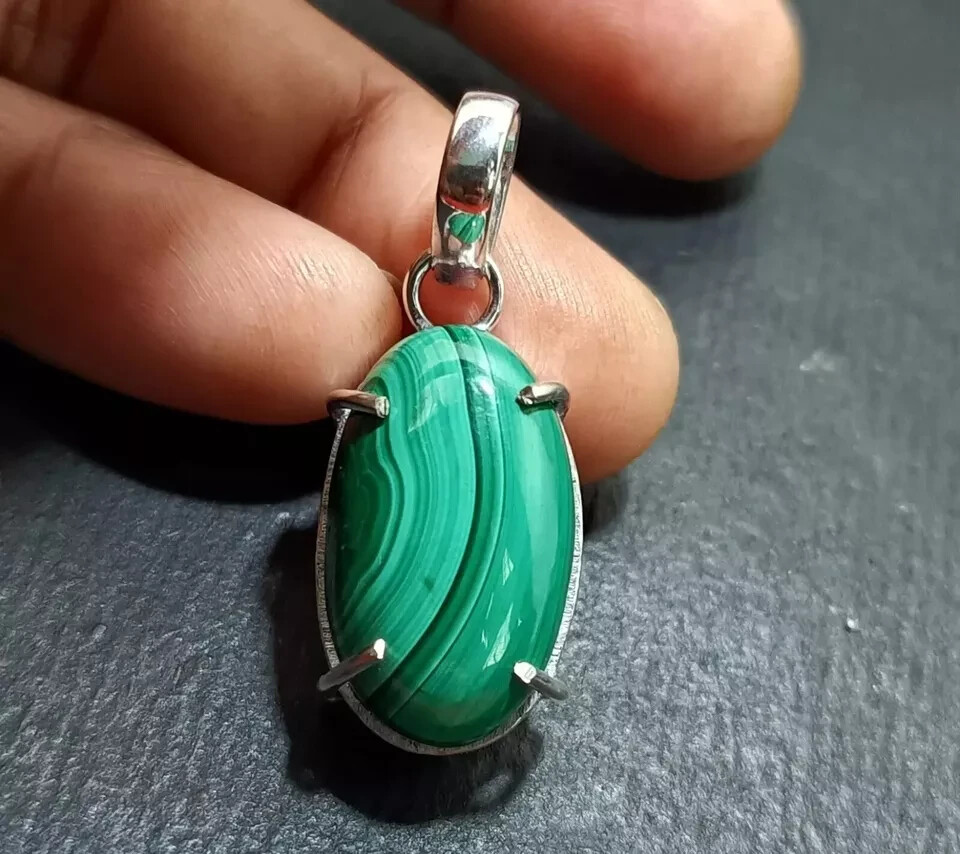 40.85 Ct+ Natural Green Malachite Pendant 925 Solid Silver Oval Cut HG Gemstone
