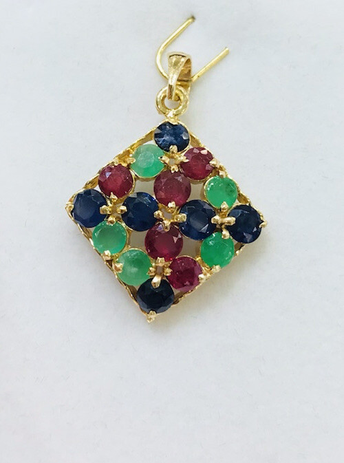 14k Solid Yellow Gold Cluster Pendant W/Natural Round Emerald Ruby Sapphire2.58G