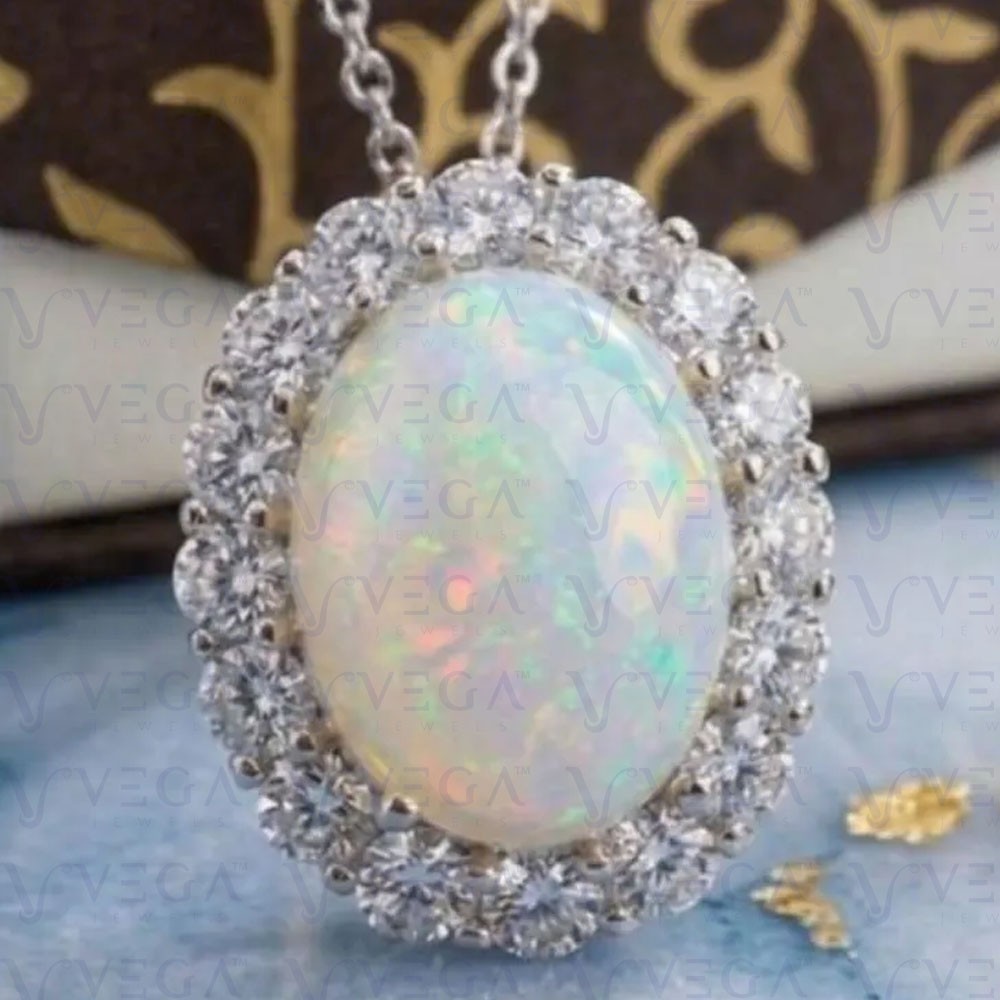 7.00Carat Oval Cut Natural Opal and Diamond Women Pendant 950 Pt Solid Platinum