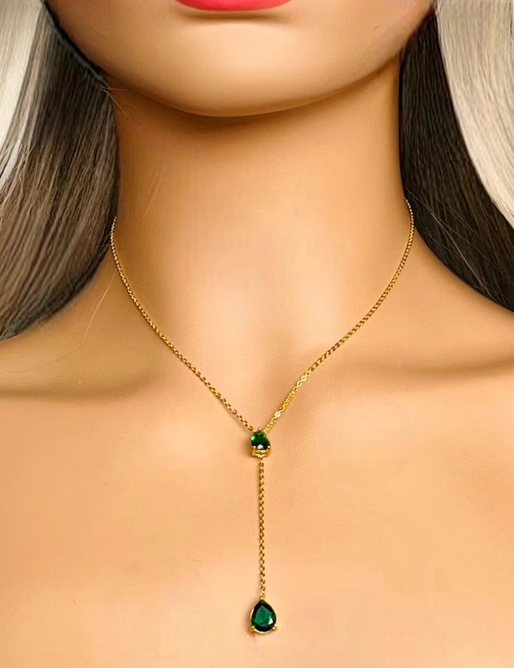 4Ct Pear Lab-Created Green Emerald Lariat Teardrop Necklace 14K Yellow Gold Over