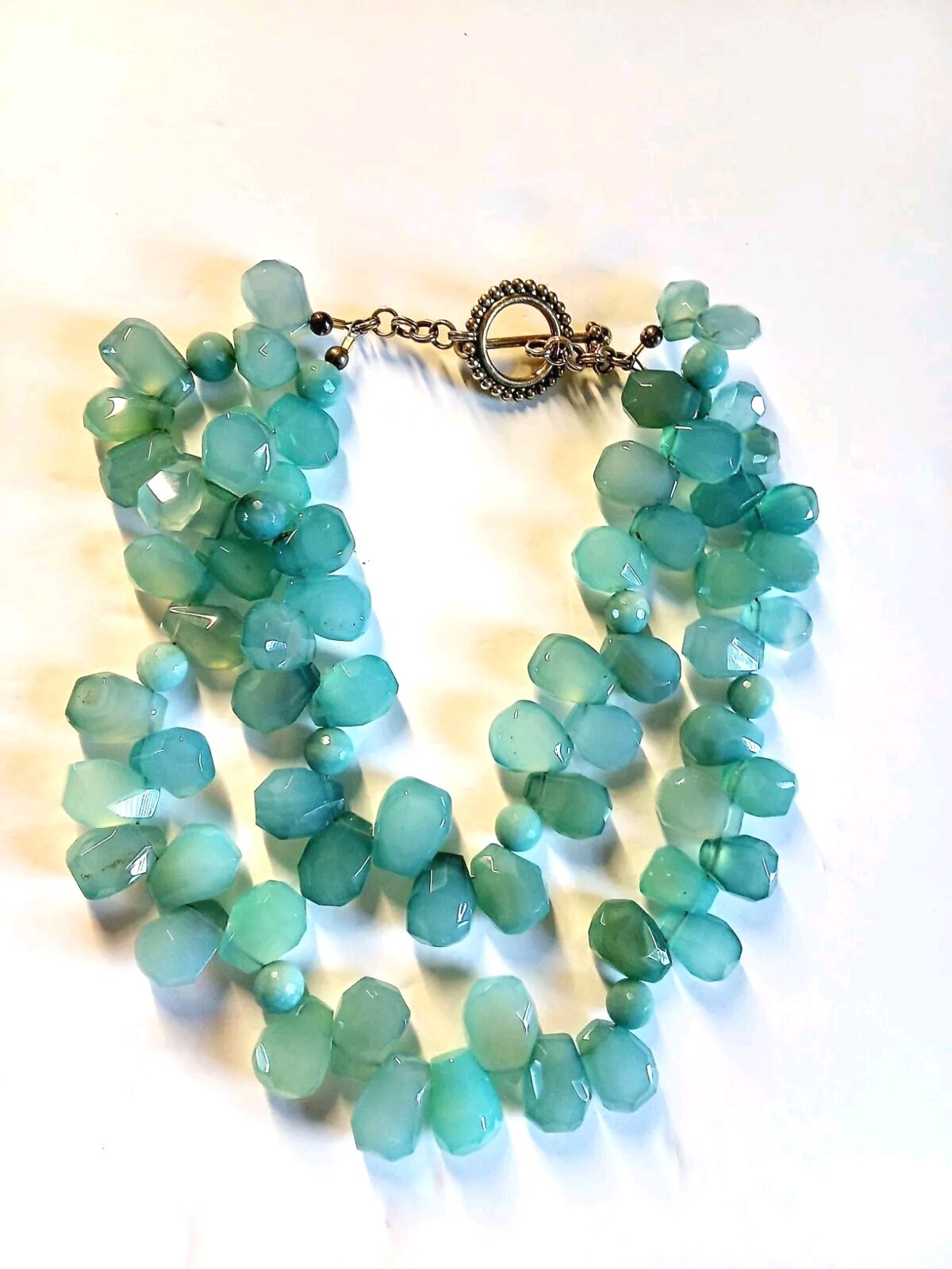 Green & Blue Chalcedony/Green Round Beads 2 Strand Toggle Necklace