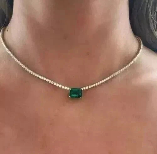 4Ct Lab-Created Emerald & Diamond Tennis Choker Necklace 14K White Gold Plated