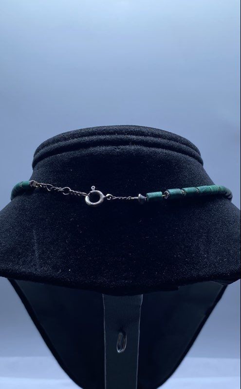 925 Sterling Silver Malachite Beaded Necklace 19.5″ Green Cylinder Beads 24g