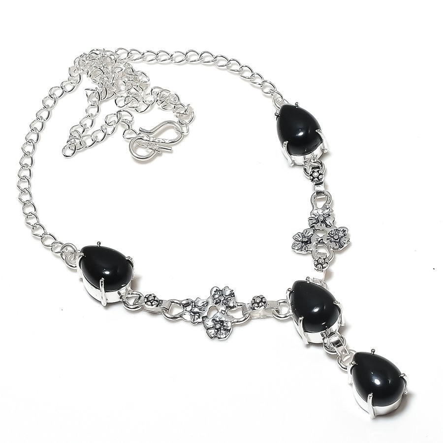 Black Onyx Gemstone Handmade 925 Sterling Silver Jewelry Necklace Size 18″