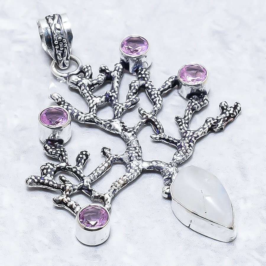 Rainbow Moonstone, Kunzite 925 Sterling Silver Gemstone Pendant 2.56″ NS 23008