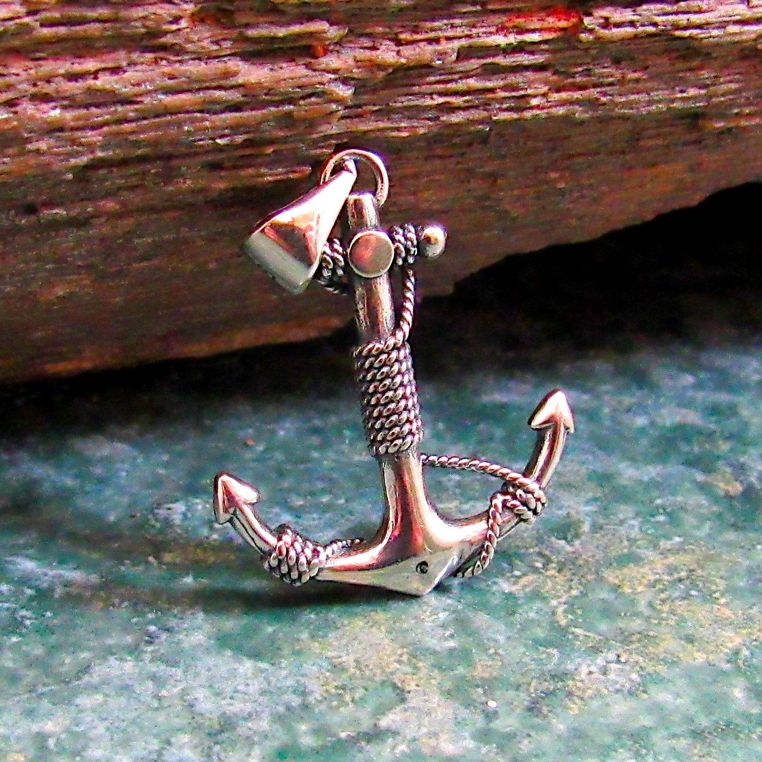 Handcrafted Solid 925 Sterling Silver 3D Nautical Boat Anchor And Rope Pendant