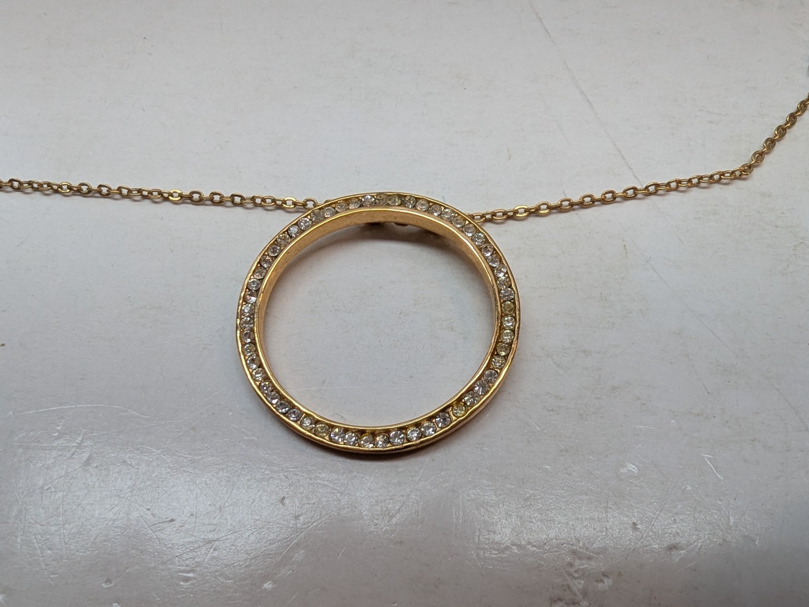 Gold Tone Necklace Circle of Life Pendant With Glass Stone Cable Link Chain
