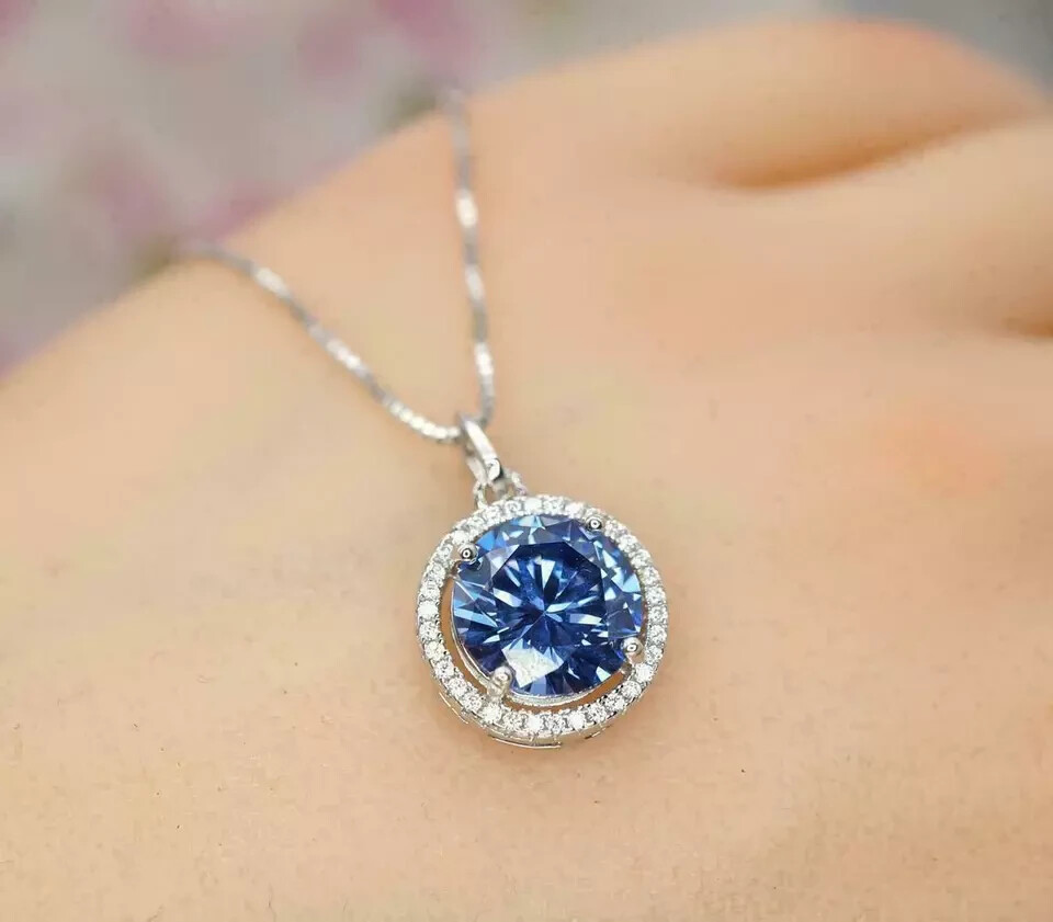 3Ct Round Cut Tanzanite & Diamond Halo Pendant 14K White Gold Finish Free Chain