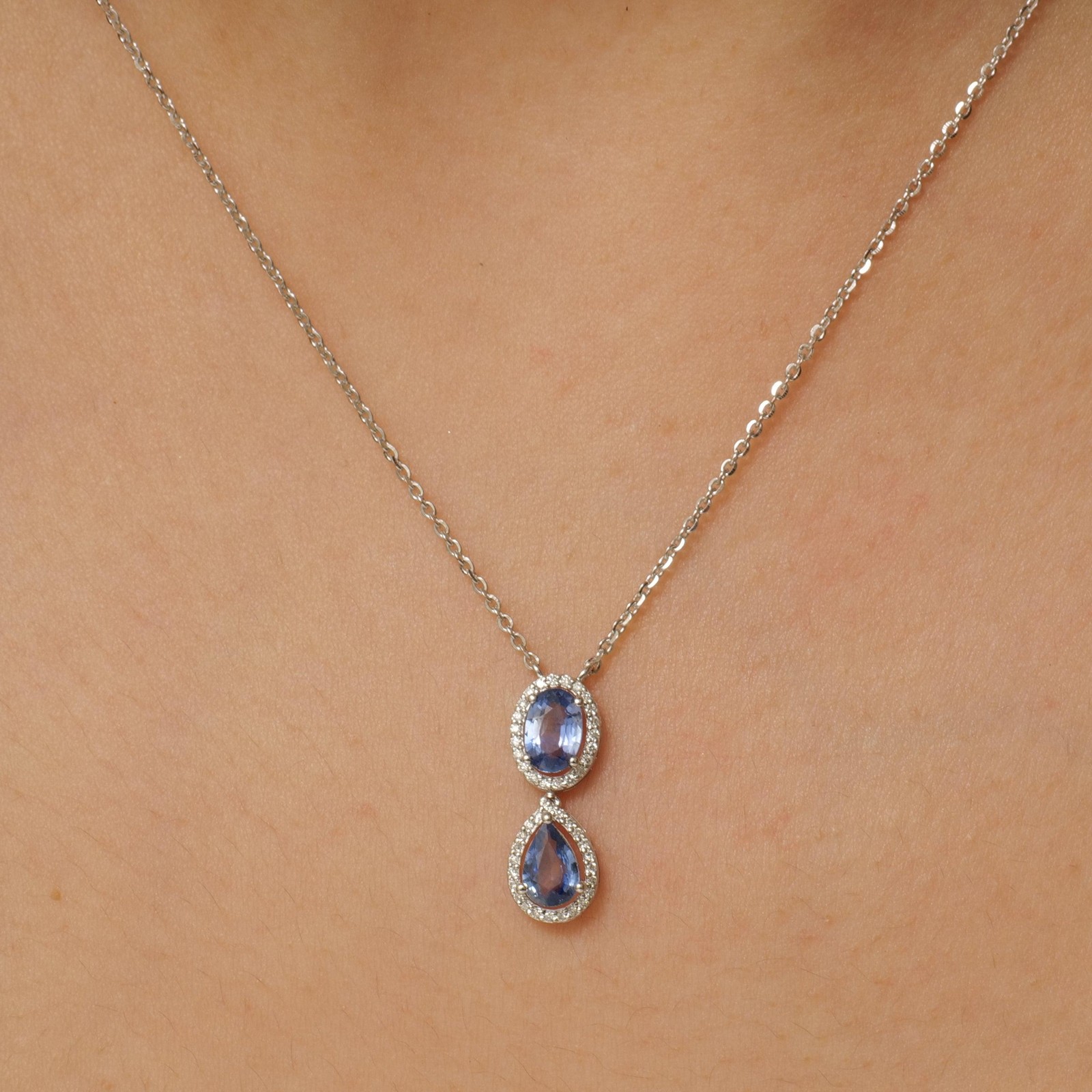 0.87ct Natural Sapphire Double Drop Pendant Necklace 14K Solid Gold Halo Pave
