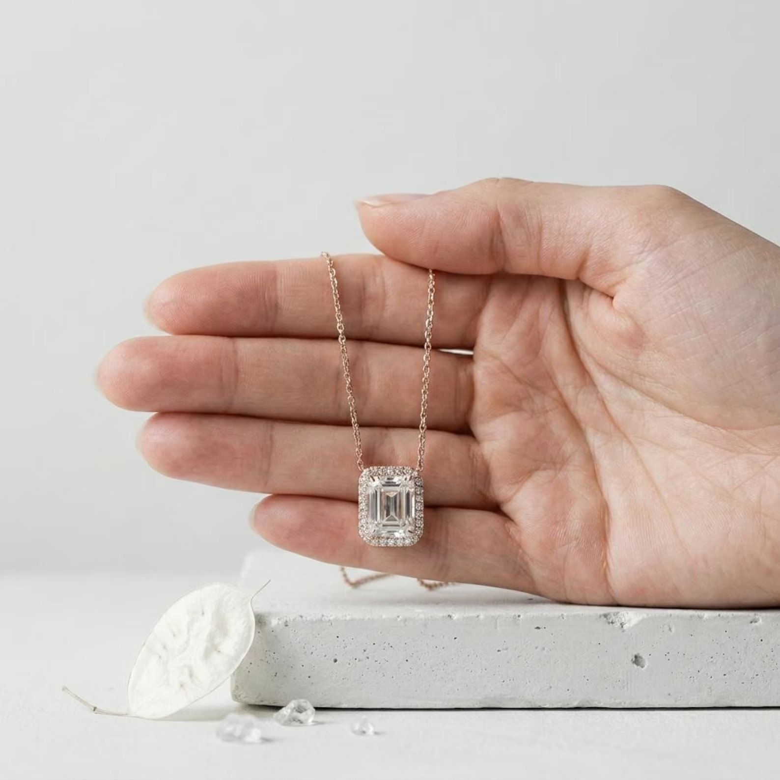 1.5ct Emerald Cut Moissanite 925 Silver Halo Wedding Gift Jewelry Necklace