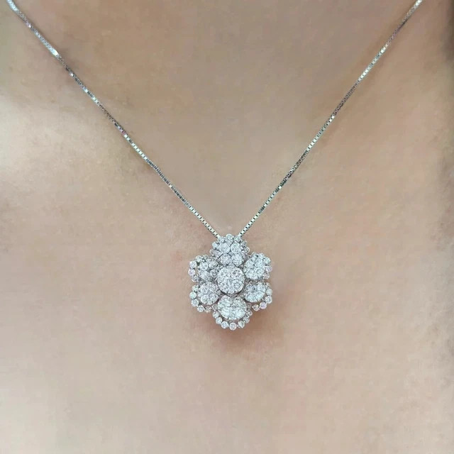 1.70Ct Round Cut Moissanite Cluster Flower Pendant 14K White Gold Plated Silver