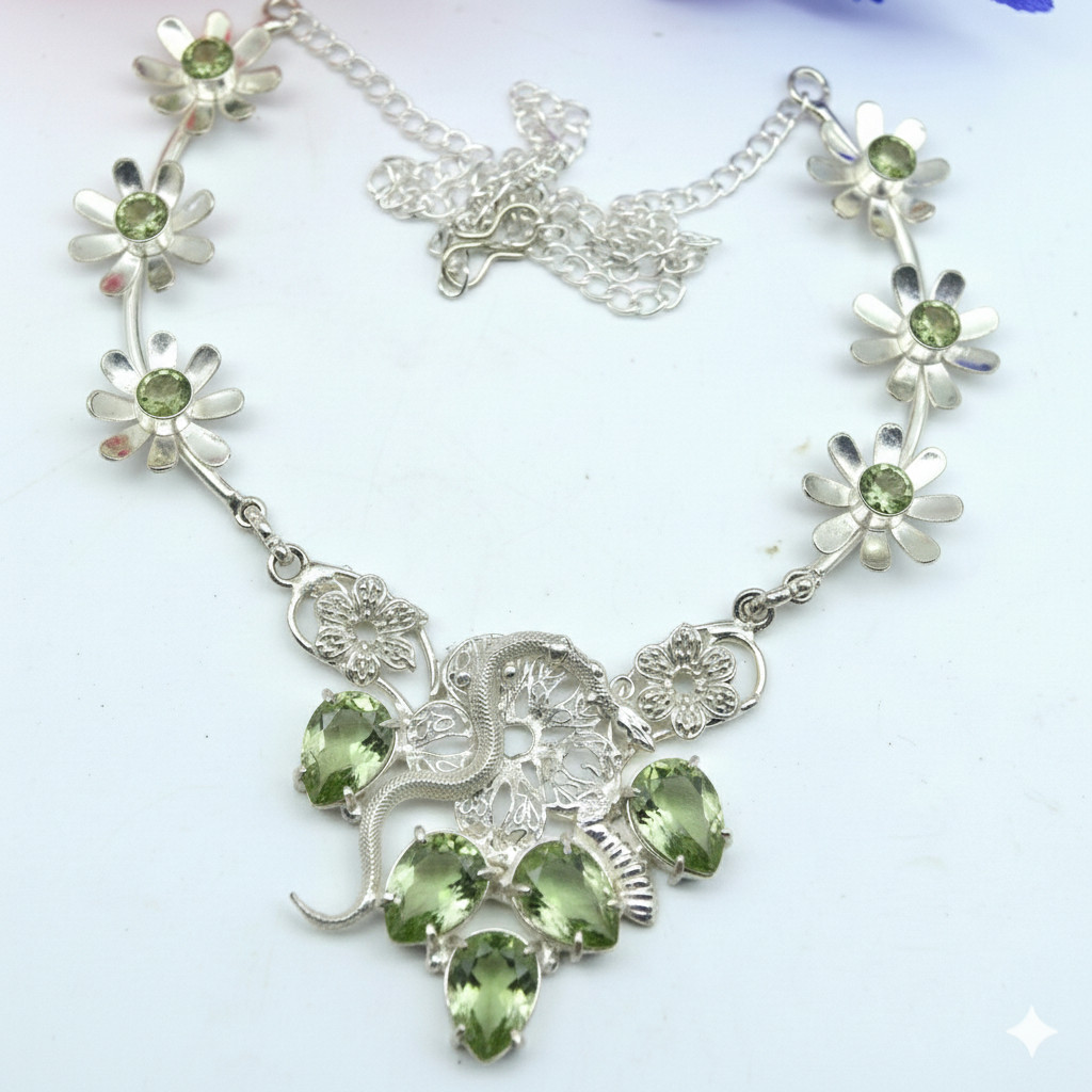 925 Sterling Silver Green Amethyst Gemstone Handmade Jewelry Necklace S-18″