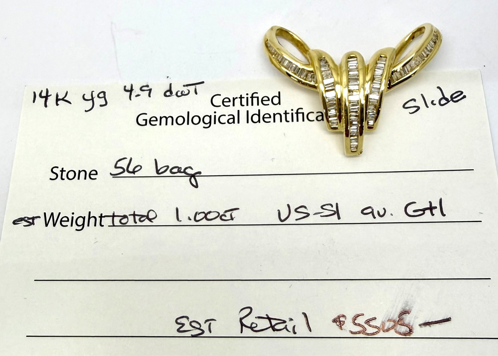 1.00 ctw Baguette Natual Diamonds 14k Yellow Gold Slide Pendant w/Card Appraisal
