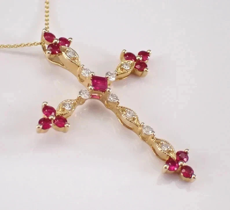 1.60CT Round Cut Lab-Created Red Ruby Women Cross Pendant 14K Yellow Gold Plated