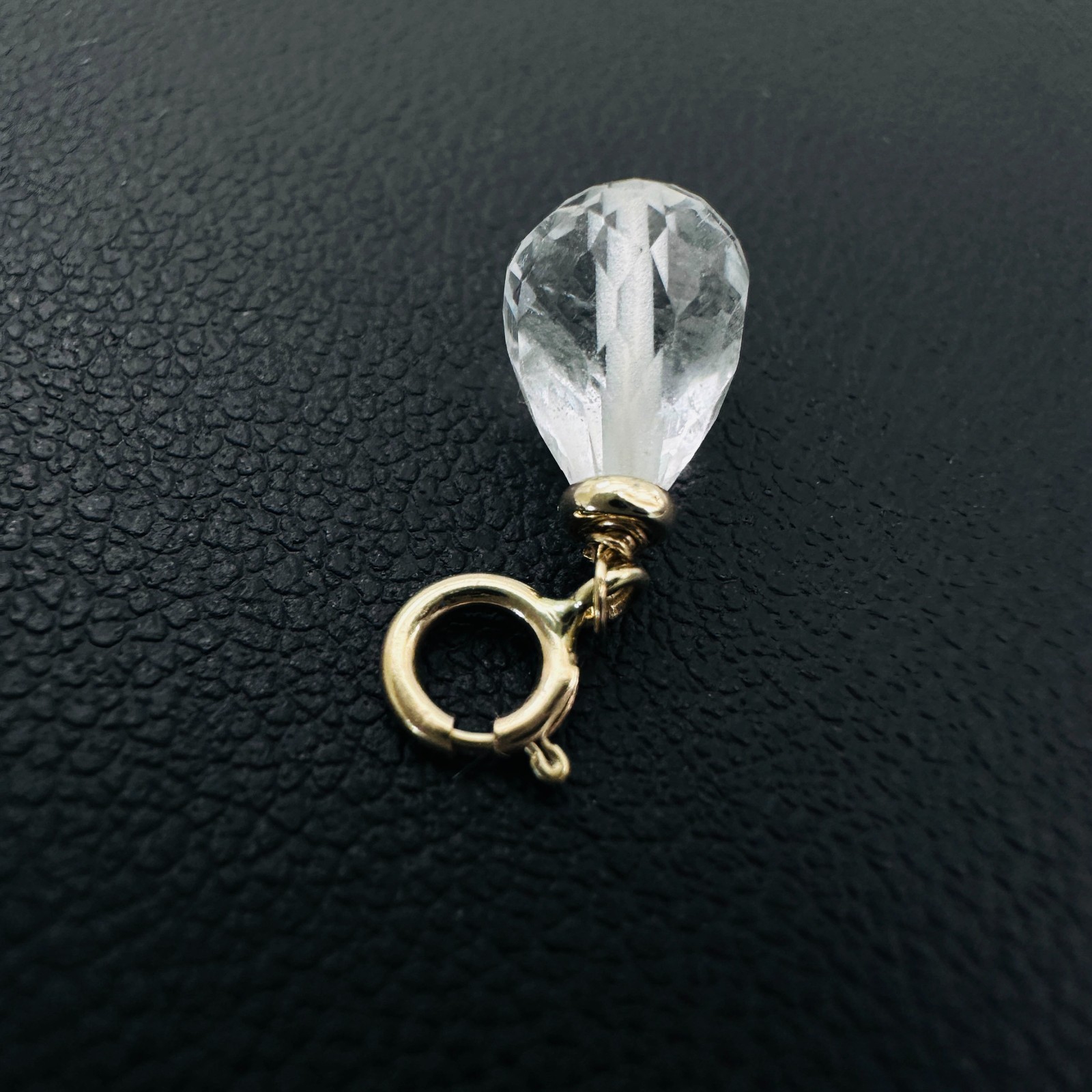 14K Solid Yellow Gold Small Clear Quartz Briolette Charm Pendant w/Spring Clasp
