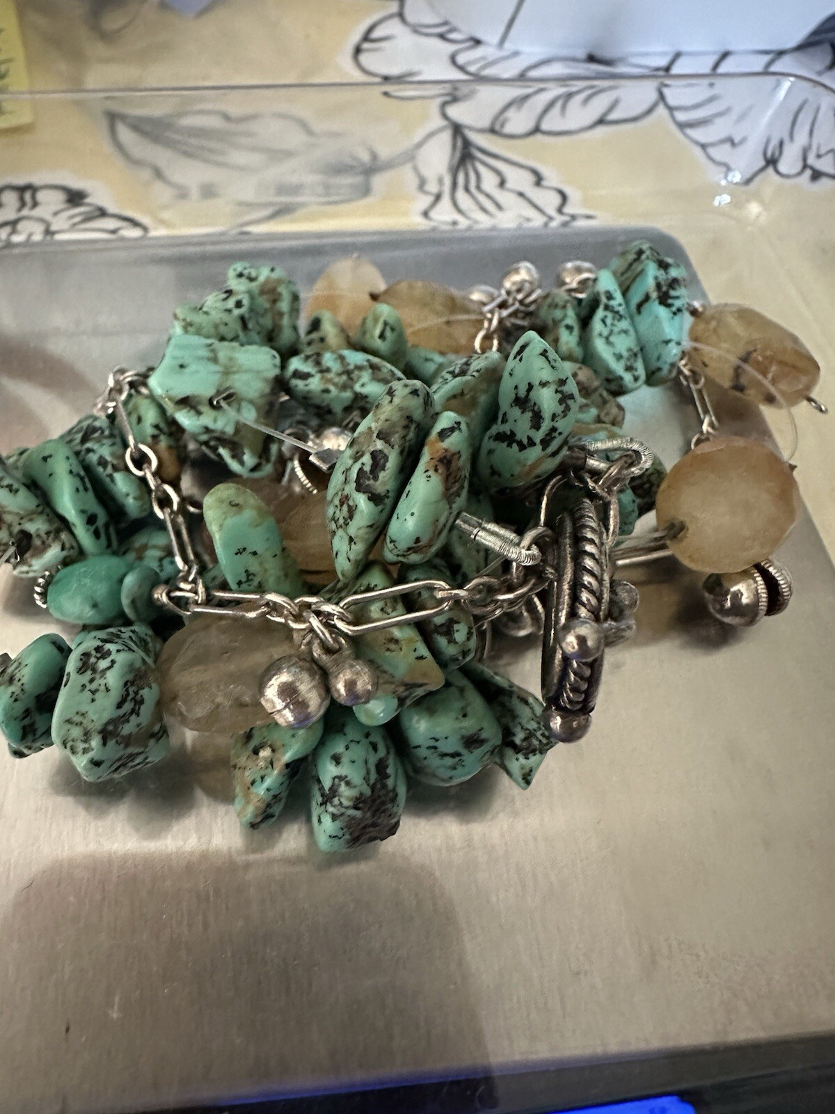DOUBLE ROW STERLING PAPERCLIP CHAIN W/TURQUOISE NUGGETS & CITRINE NECKLACE