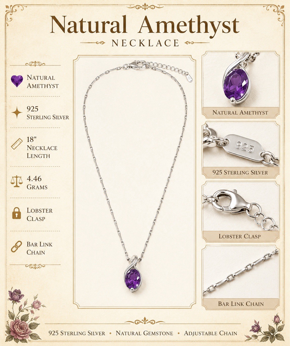 925 Sterling Silver Natural Amethyst Necklace Oval Pendant 18″ Bar Link