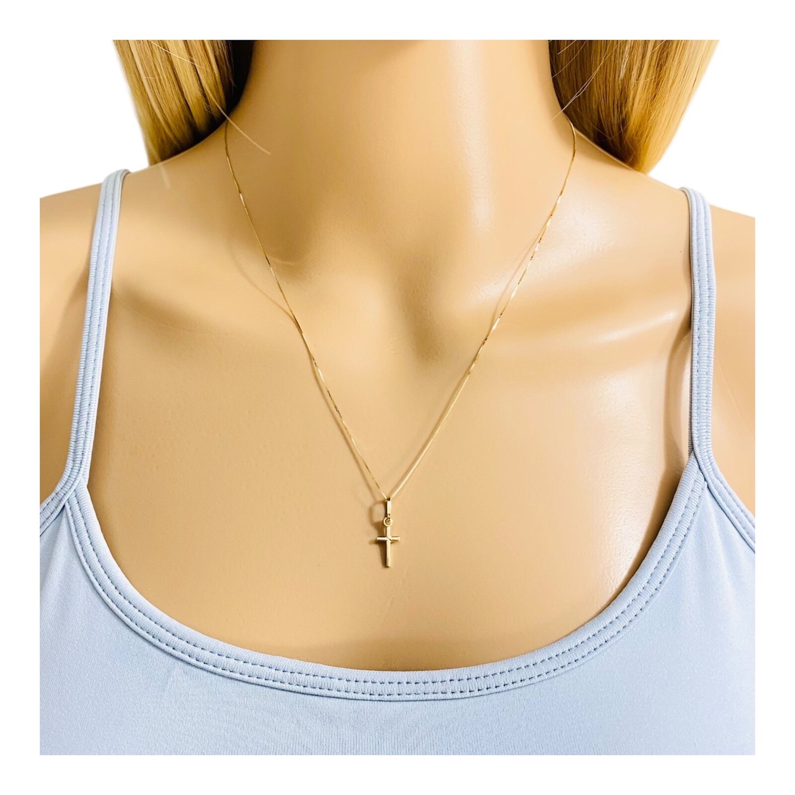 14k Solid Gold 0.7″ Cross Pendant – 14kt 0.5mm Box Chain 16”- 18”- 20″ – PT143