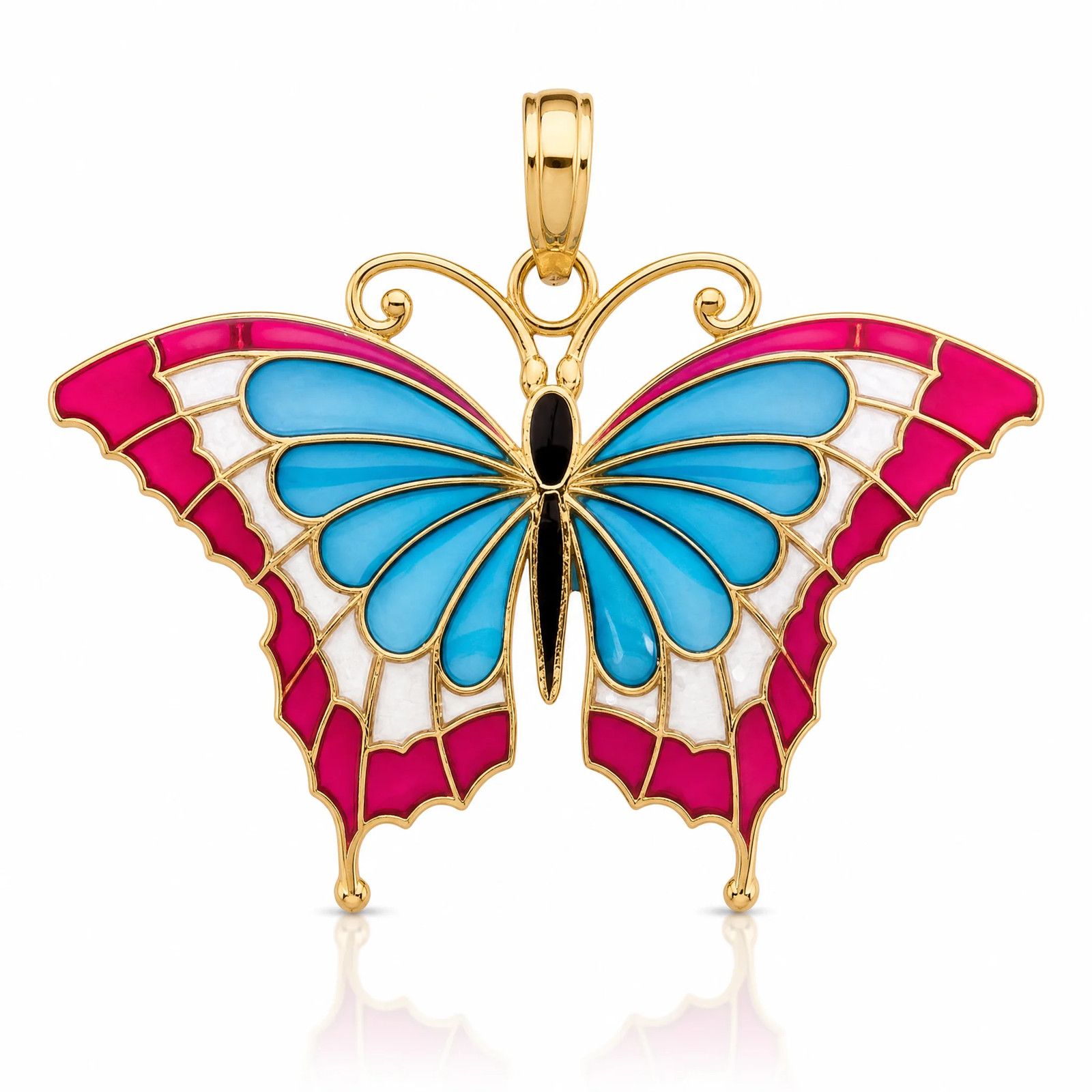 10K / 14K Yellow Gold Blue & Red Enameled Butterfly Pendant