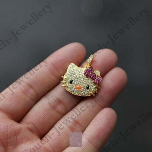14k Yellow Gold Plated 1Ct Ruby & Lab Created Fully Hello Kitty Pendant