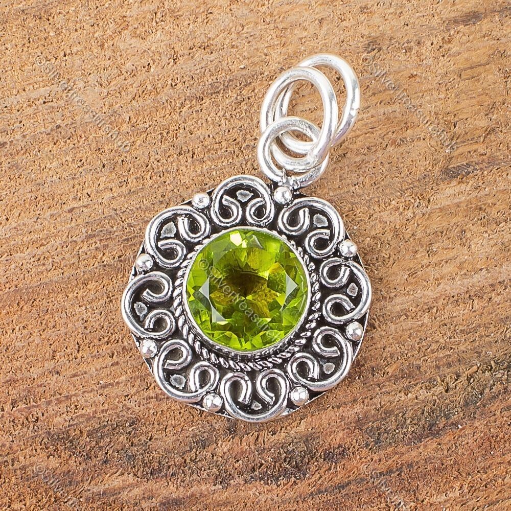 Round Peridot Stone 925 Silver Bezel Mother Anniversary Birthday Pendant Jewelry