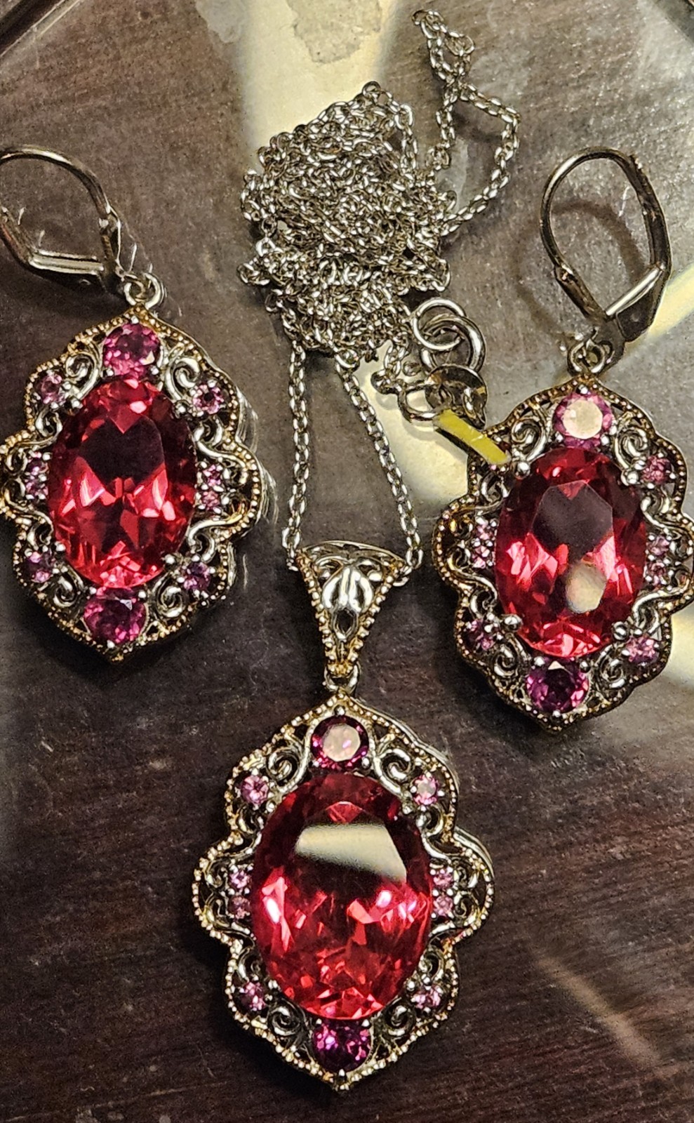 Vintage Chuck Clemency STS 10Ct Pink Sapphire Rhodolite Pendant & Earring NOS
