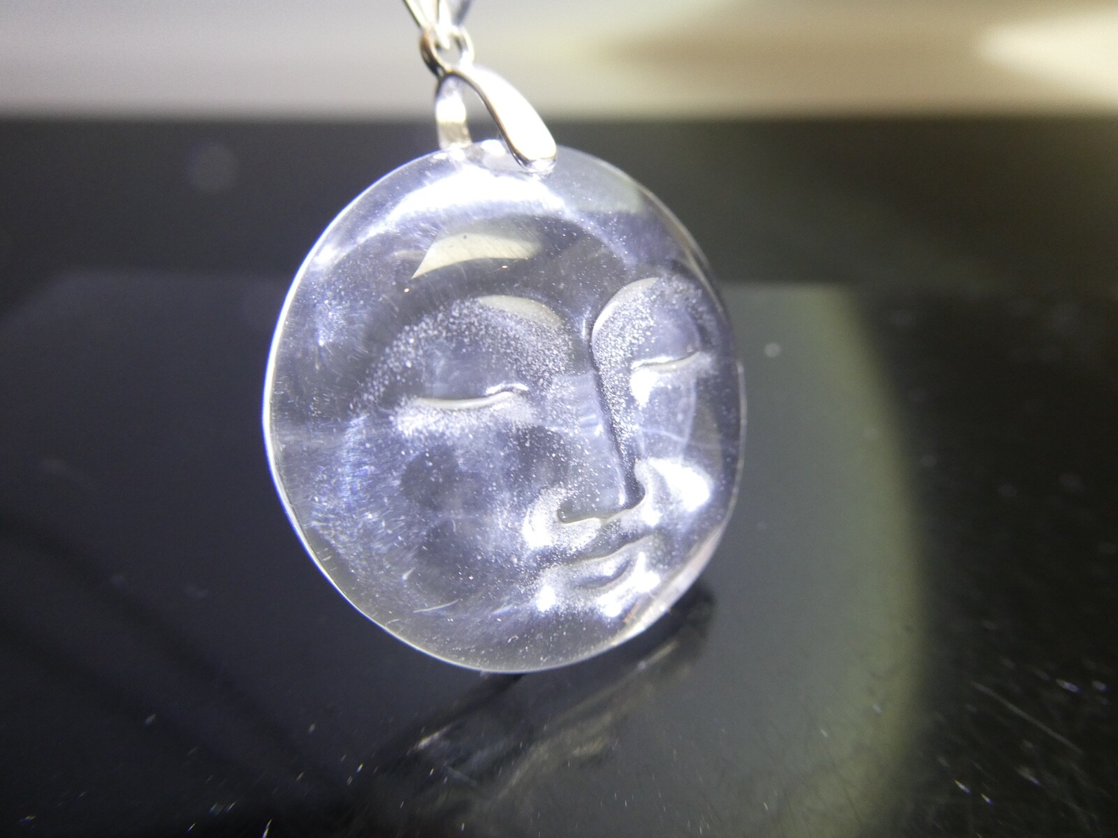 Rock Crystal Clear Quartz MOON Gemstone Sterling Silver 925 Pendant Necklace