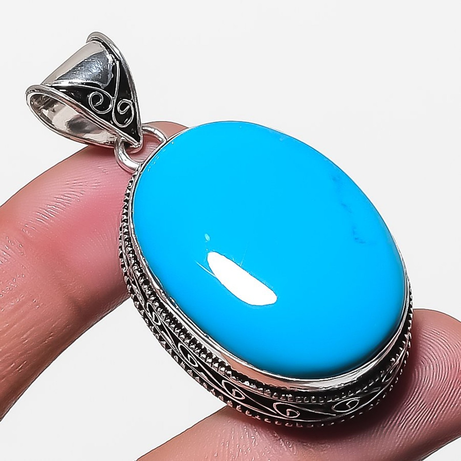 Sleeping Beauty Turquoise Gemstone 925 Sterling Silver Vintage Pendant 2.4″ P635