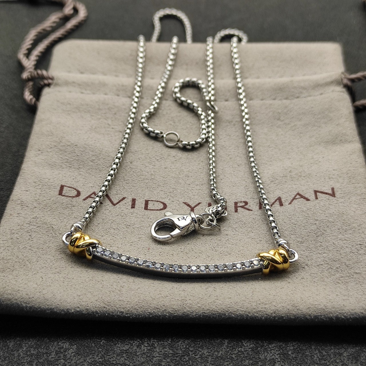 David Yurman Two Tone Crossover Bar Pendant 925 Silver 18K Gold Pave Diamond 55