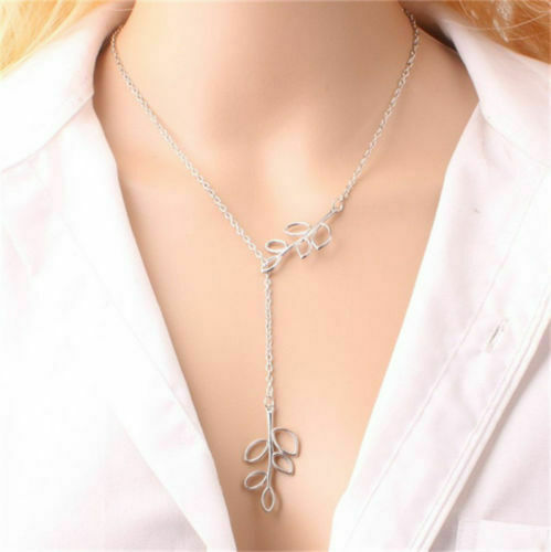Double Leaf Charm Lariat Silver Necklace Pendant Chain Necklace