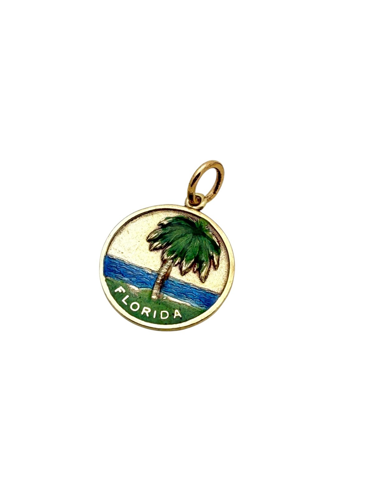 Vintage 14k Yellow Gold Enamel Florida Palm Tree Travel Charm Or Pendant