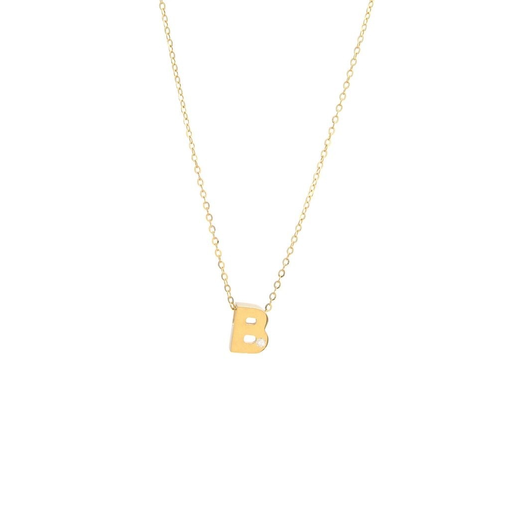 14k Yellow Gold Diamond B Initial Letter Minimalist Necklace 16″-18″
