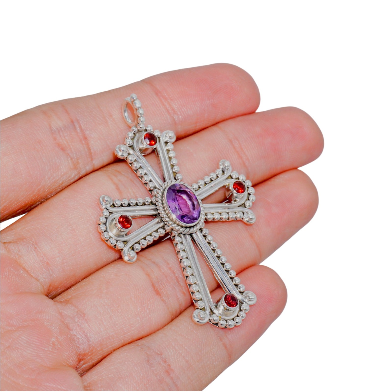 925 Sterling Silver Natural Amethyst & Garnet Cross Pendant Womens Jewelry Gift