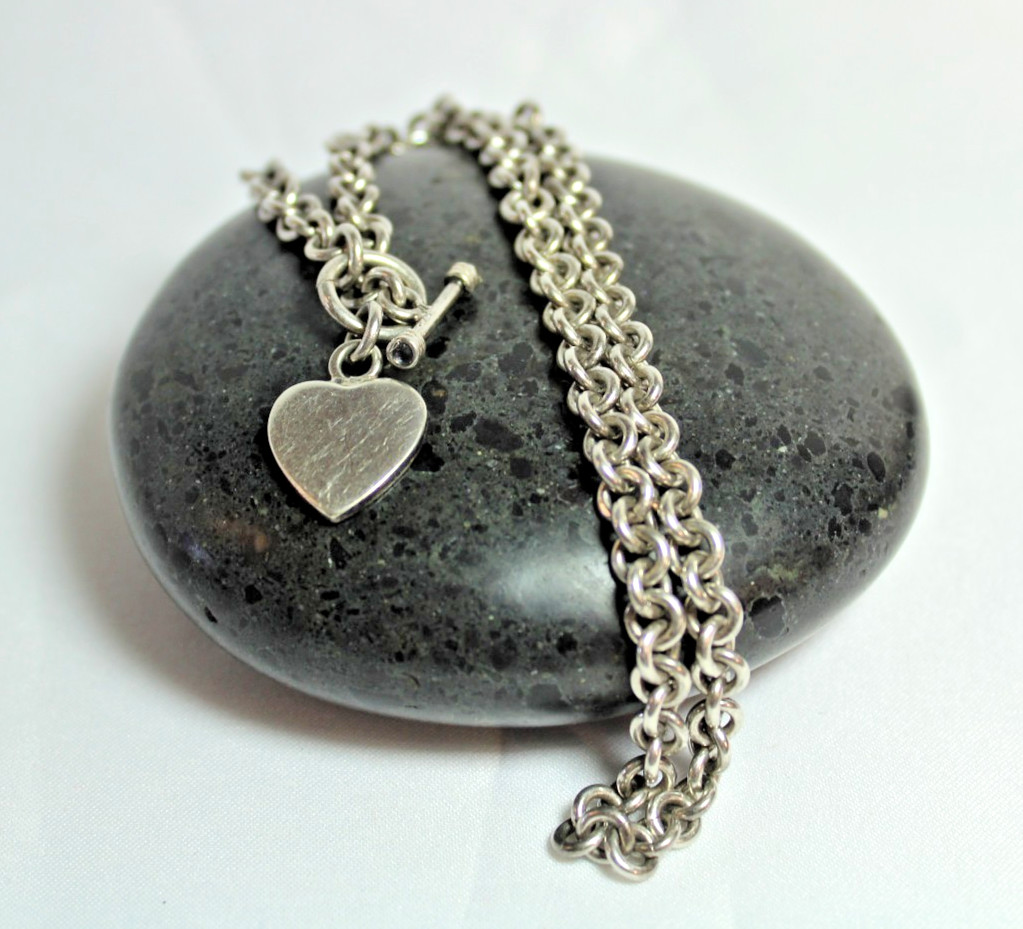 925 Sterling Silver Heart Tag Toggle Necklace Very Heavy Statement 35.4g