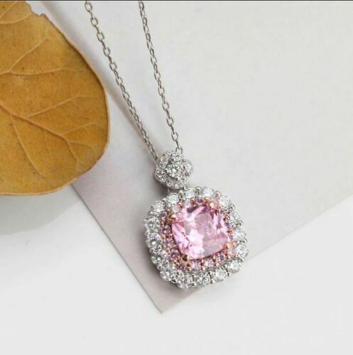 3Ct Cushion Cut Pink Sapphire Halo Pendant 14K White Gold Finish Free Chain