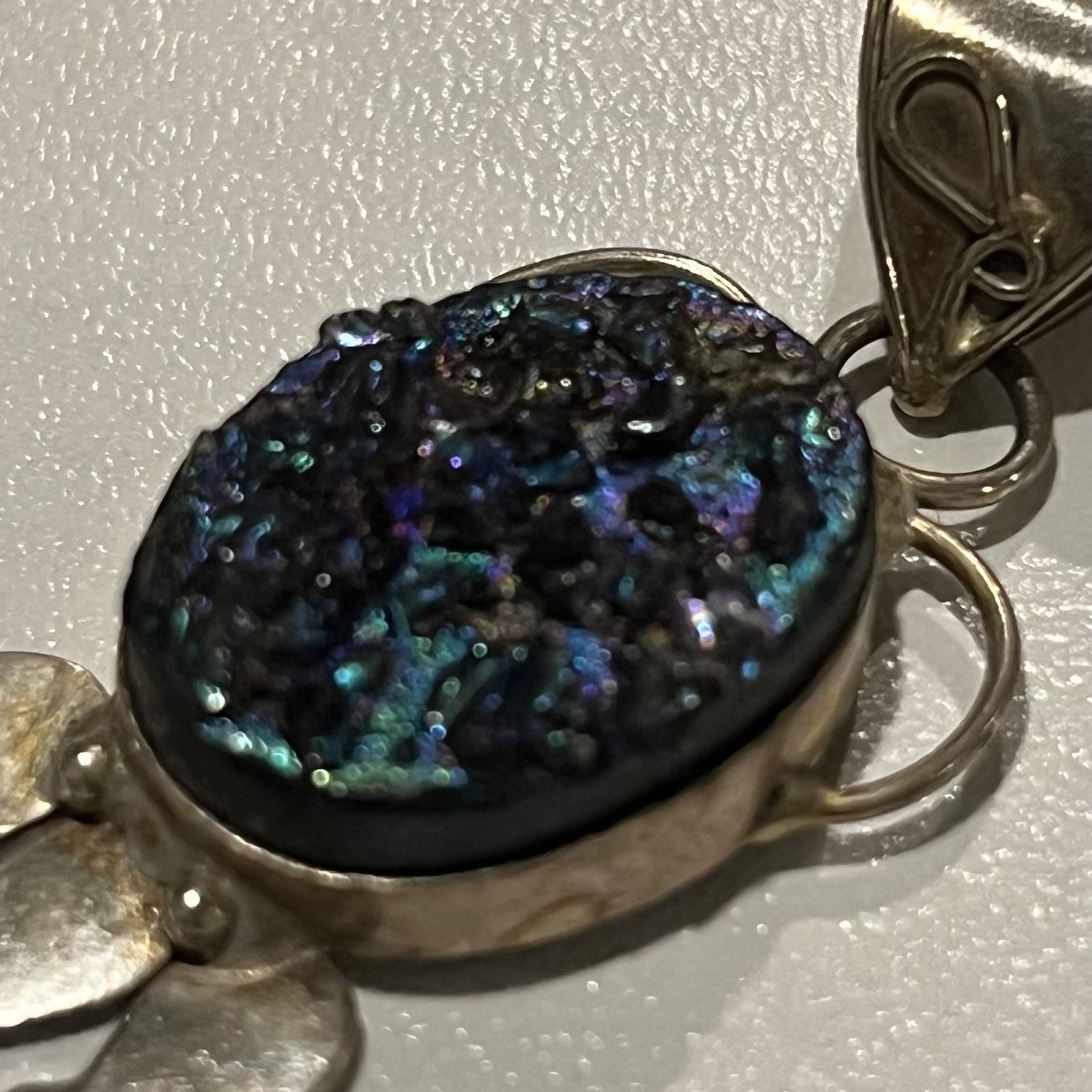 Vintage Sterling 925 Artisan Handcrafted Blue Purple Druzy Quartz Pendant