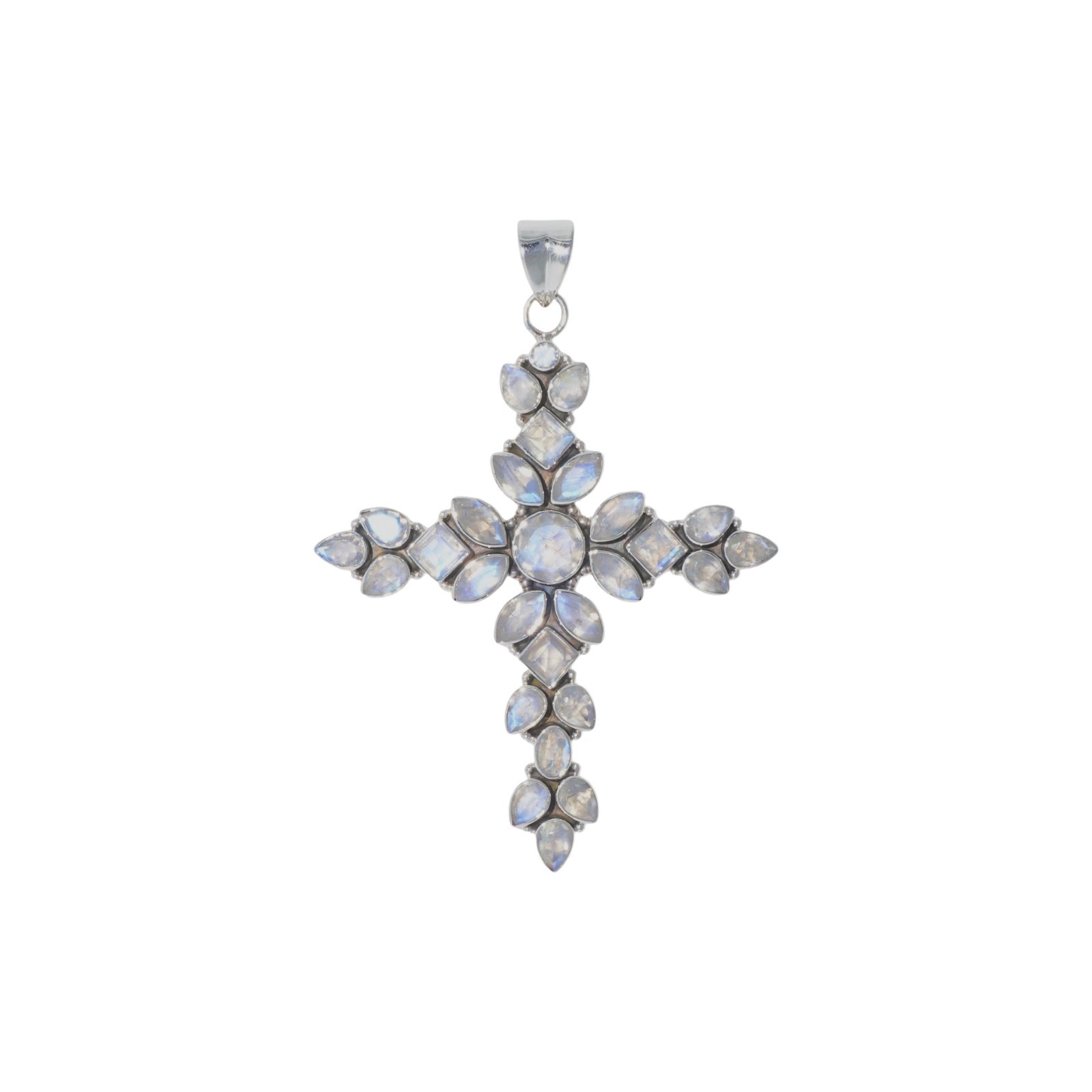 Vintage Style Rainbow Moonstone Cluster Cross Pendant Solid 925 Silver Jewelry