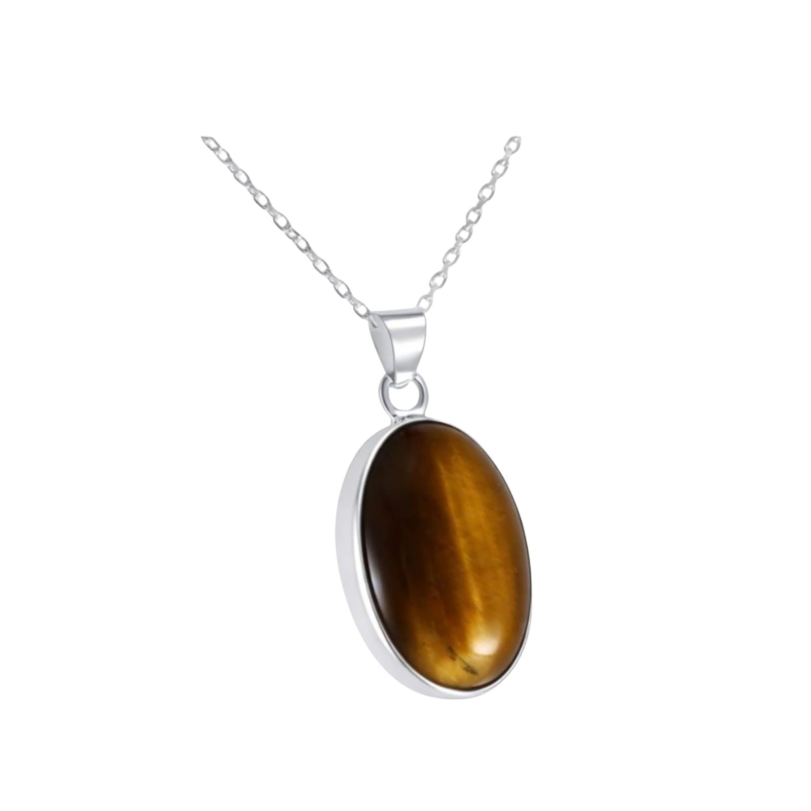 925 Sterling Silver Oval Natural Brown Tiger Eye Handmade Pendant Necklace 16+2′