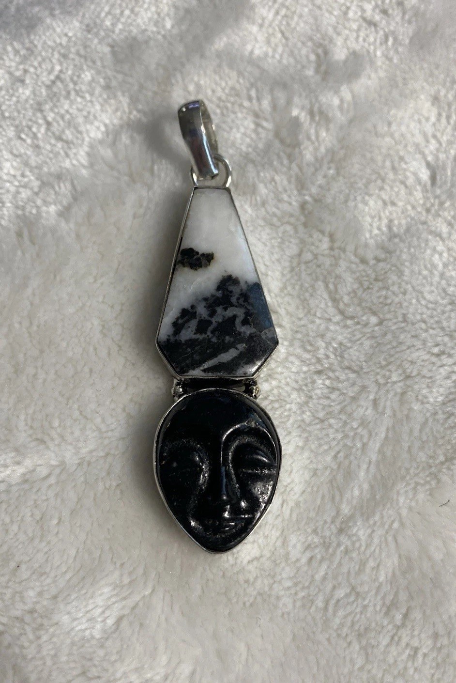 Zebra Jasper Pendant Black White Face Mask 2.75 inches Silver Marked 925