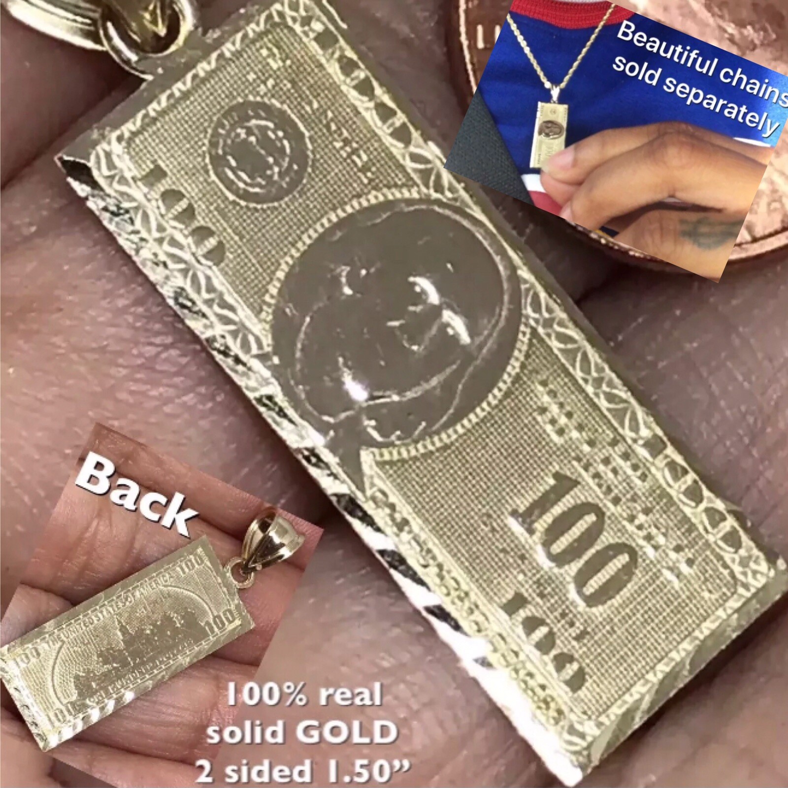 GOLd Money $ $100 Hundred Dollar Pendant bill SOLID 10K Luck Hip Hop gift 1.50”
