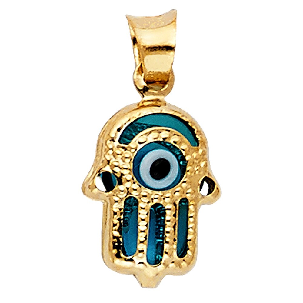14K SOLID GOLD HAMSA BLUE EVIL EYE PENDANT/14K ORO PURO DIJE DE MANO Y OJO-17mm