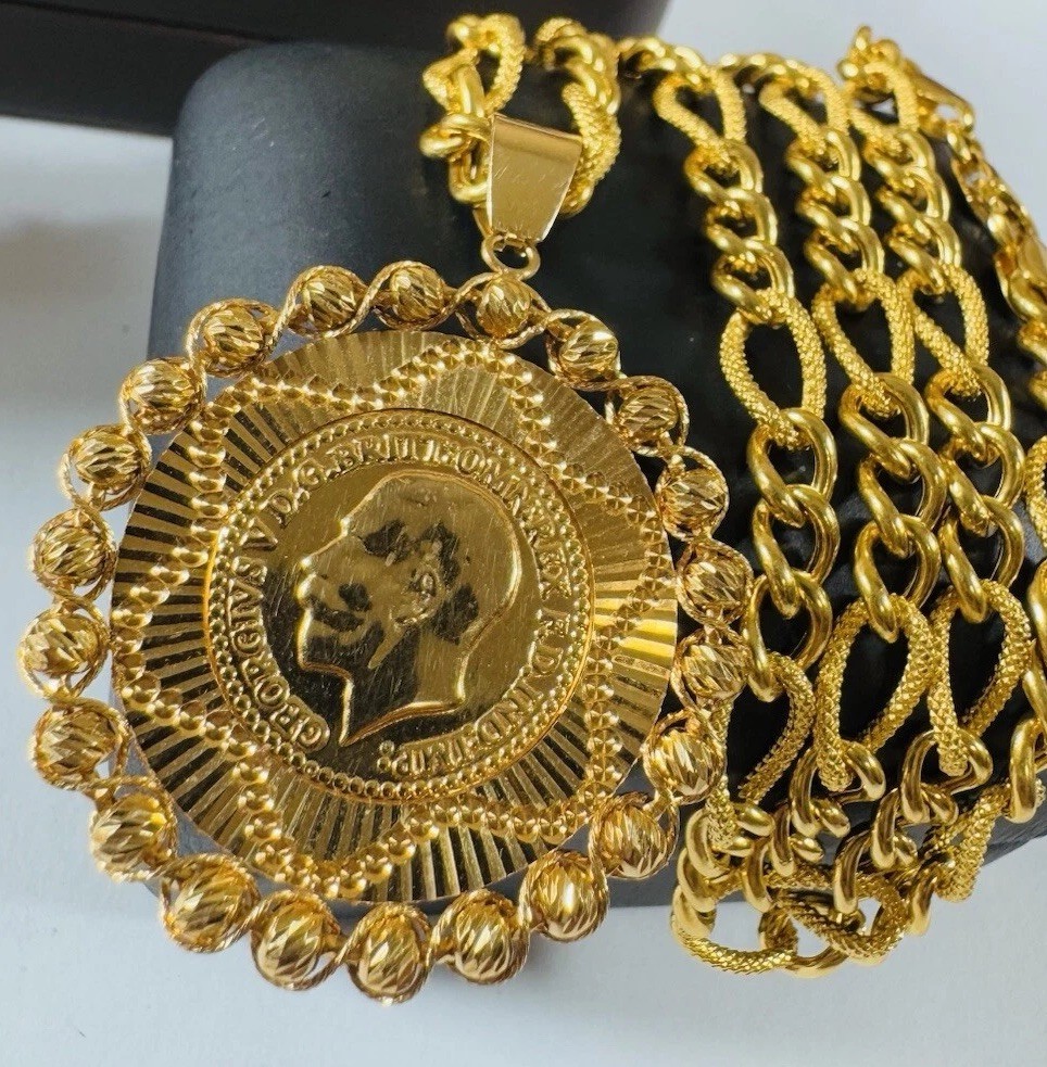 Solid 22K 916 Fine Yellow Dubai Real Gold 18” Long Coin Set Necklace 5.5mm 18.3g