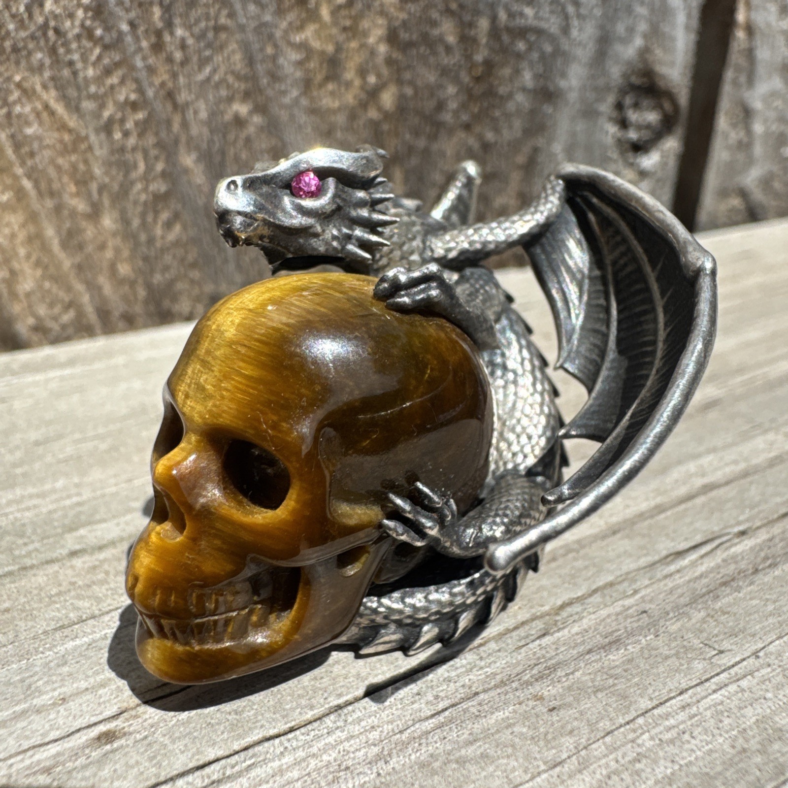 SKULLIS Tiger’s Eye Gemstone Carved SKULL and 925 Sterling Dragon Pendant