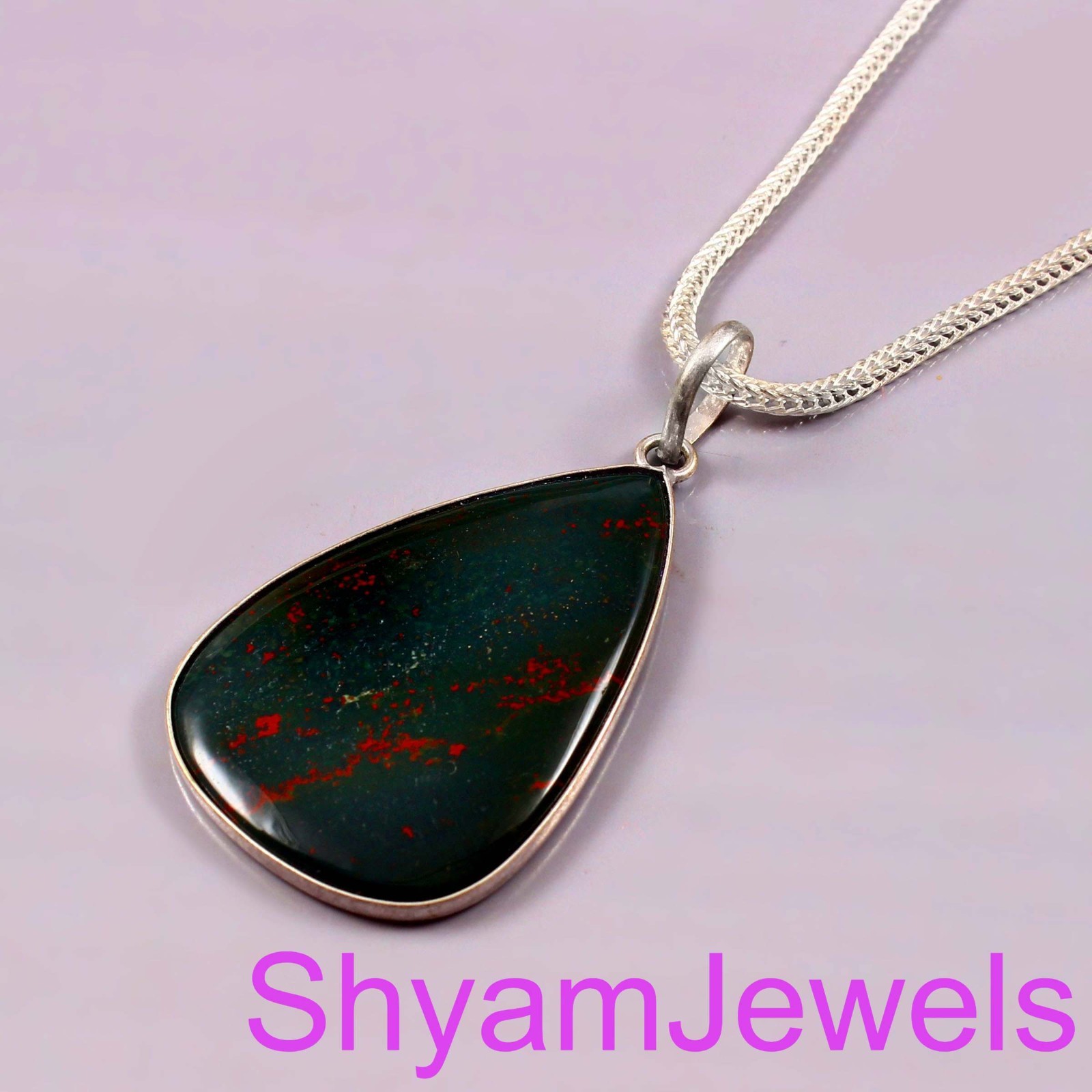 Sterling Silver Natural Trillion Bloodstone Gemstone Bezel Pendant With Chain