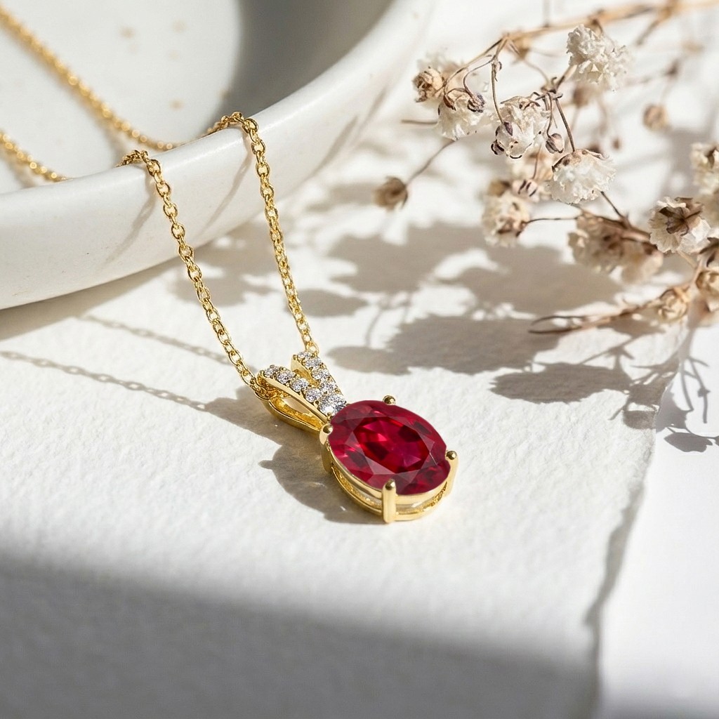 Oval Red Ruby Pendant Necklace, July Birthstone Fine Jewelry For Women