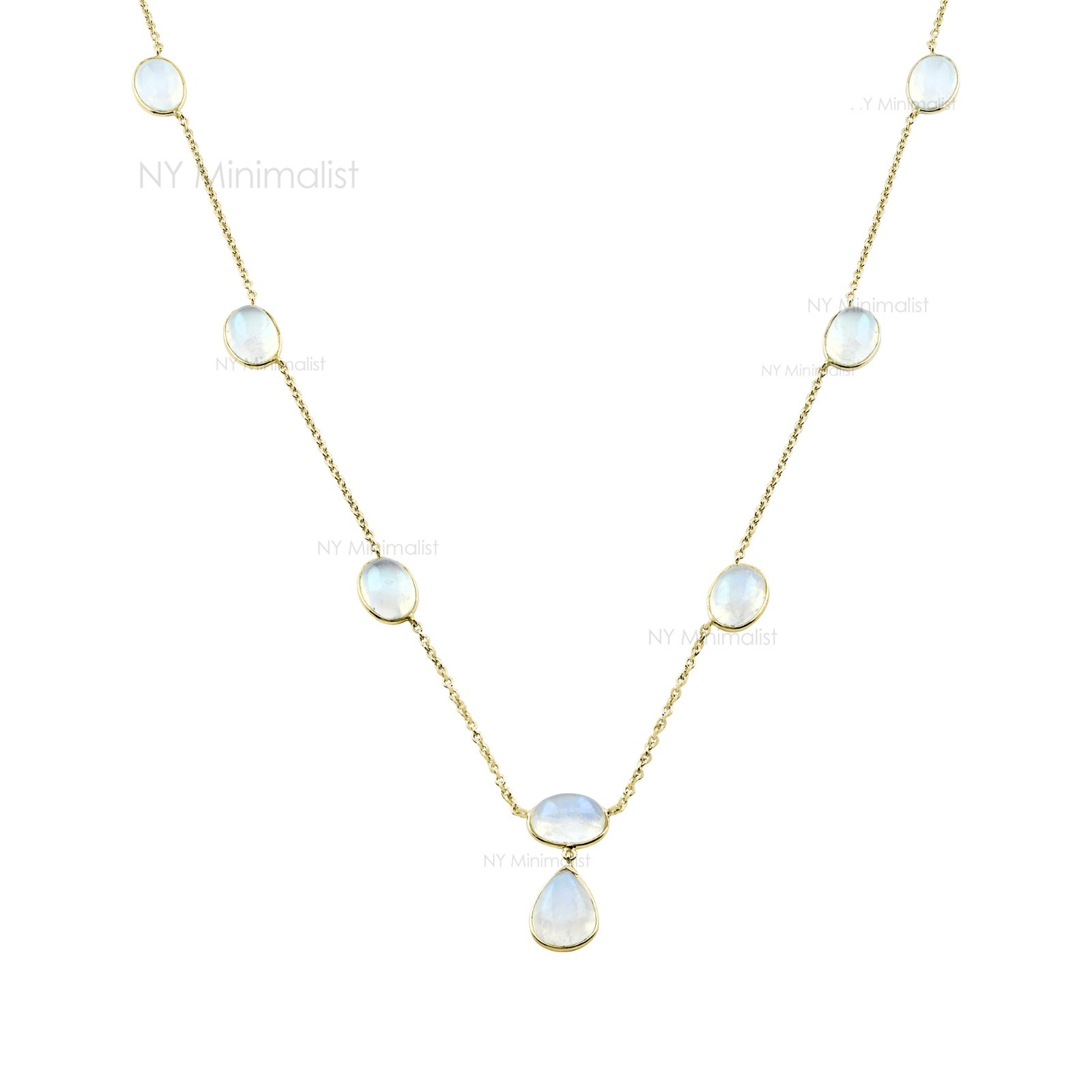 Solid 14K Yellow Gold Genuine Rainbow Moonstone Charm Necklace June Birthstone