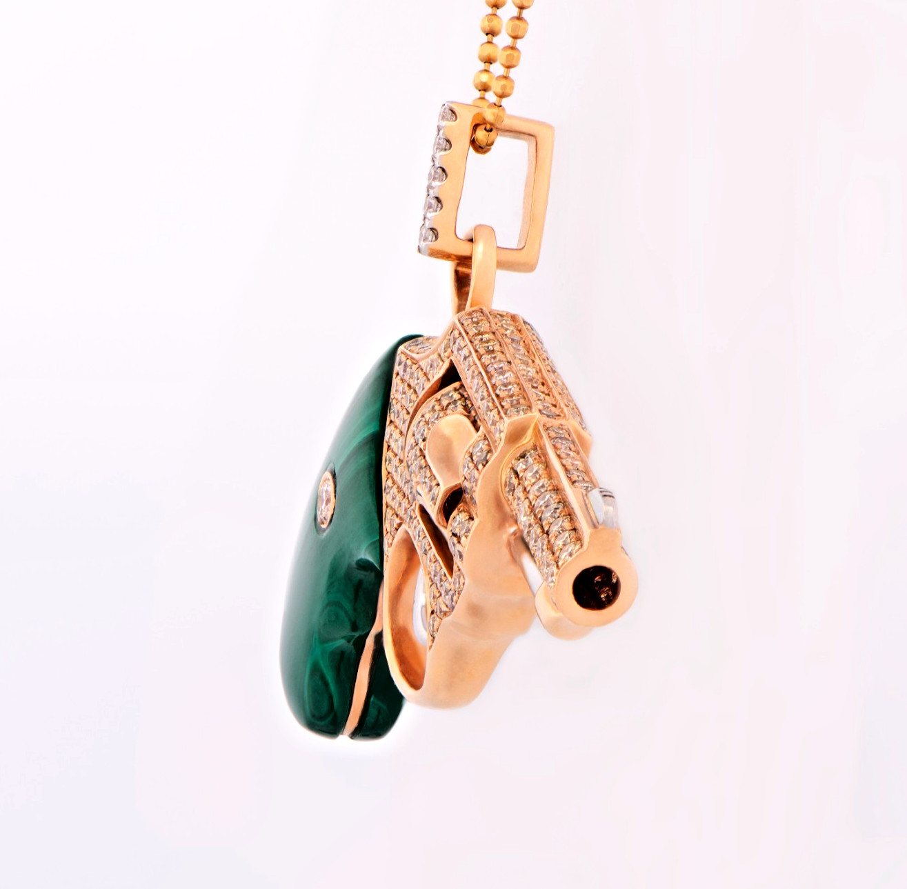 18K Yellow Gold 2.76 CTW Fancy Diamond Revolver Pendant Malachite 20.1g