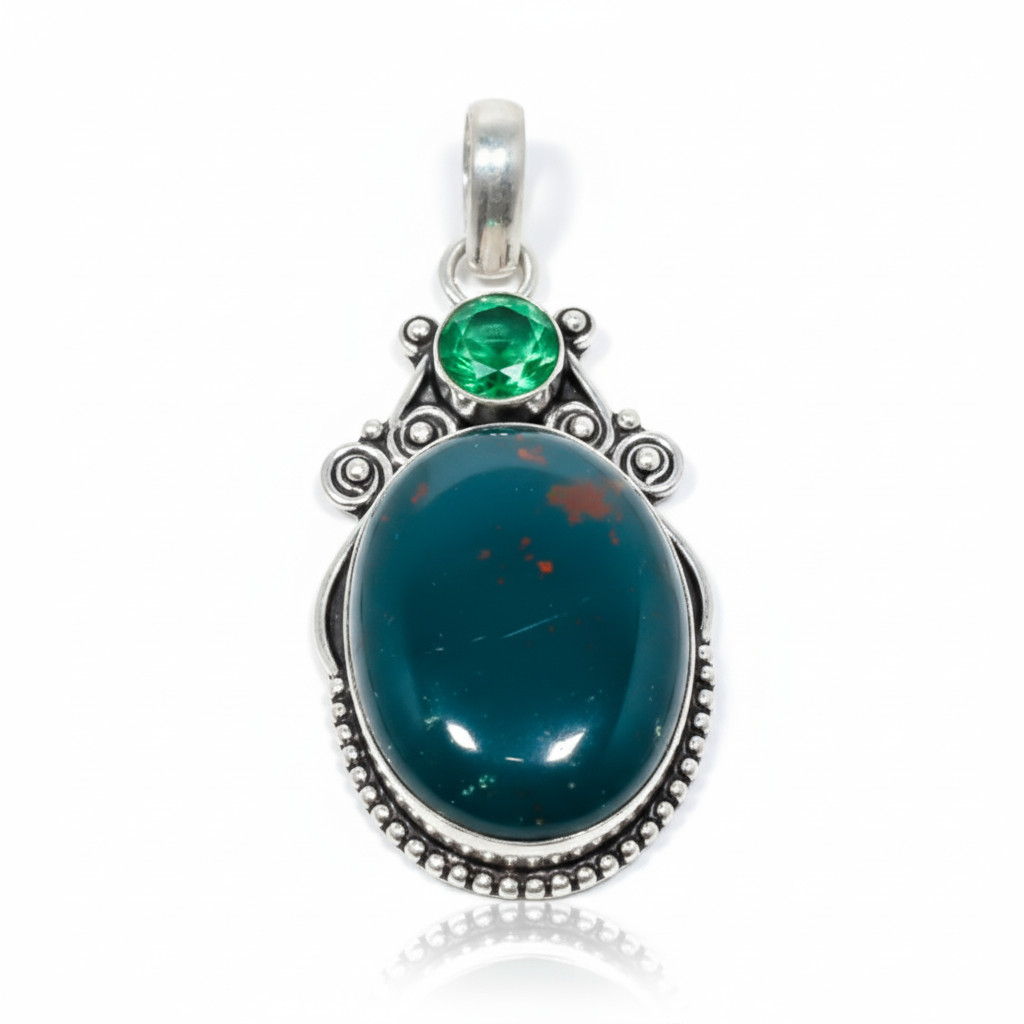 Bloodstone Gemstone Pendant 925 Sterling Silver Handmade Indian Jewelry