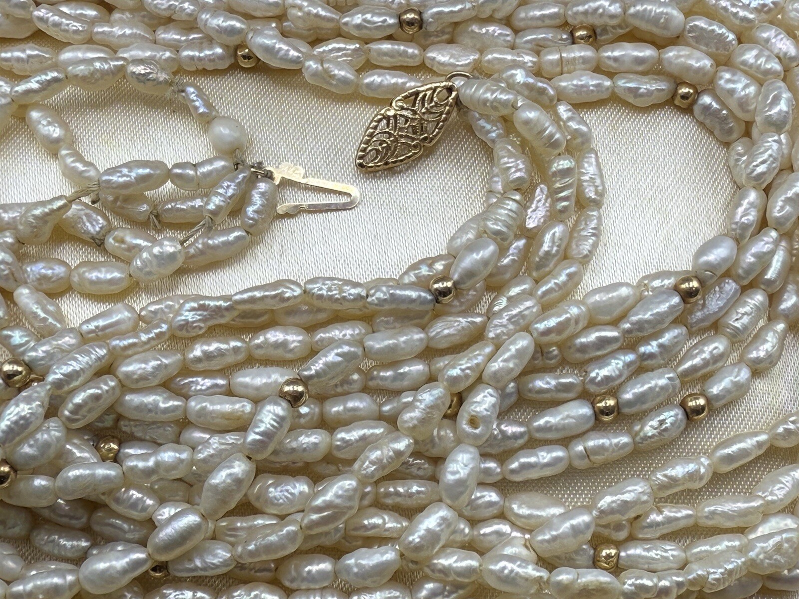 14k Yellow Gold Pearl Multi Strand 32in Necklace 67.13g CLASSY Vintage Ladies